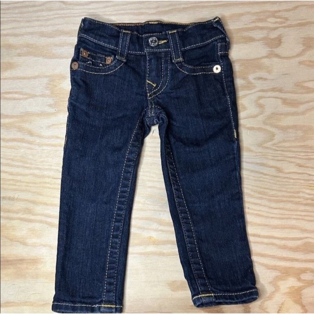 True Religion Girls Casey Jeans Size 2T Dark Wash Thick Stitch World Tour Blue